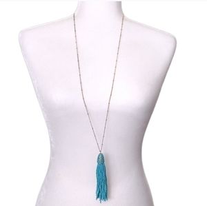 Charming Charlie Gold Blue Turquoise Beaded Fringe Pendant Statement Necklace